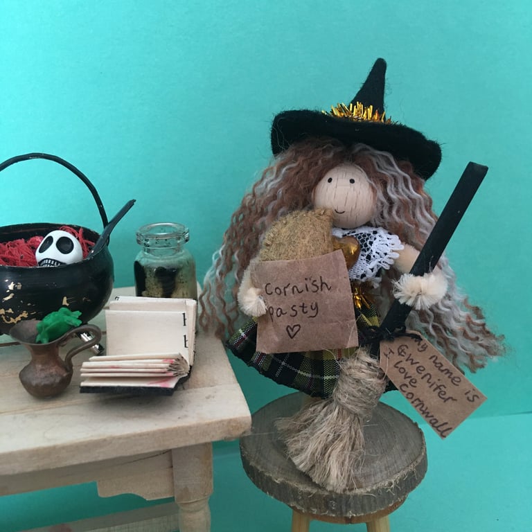 Tiny Cornish Witch Doll Decoration, Halloween Witch Core Ornament
