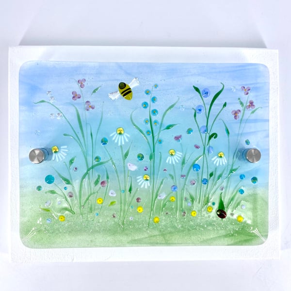 Delicate Glass Flower Meadow Picture with Bee and Ladybird