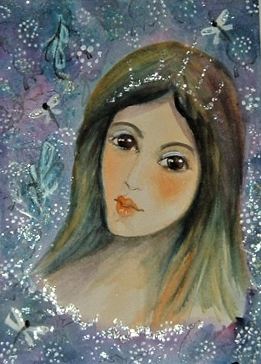 fantasy art, angel fairy glitter watercolour painting ( ref F 850 )