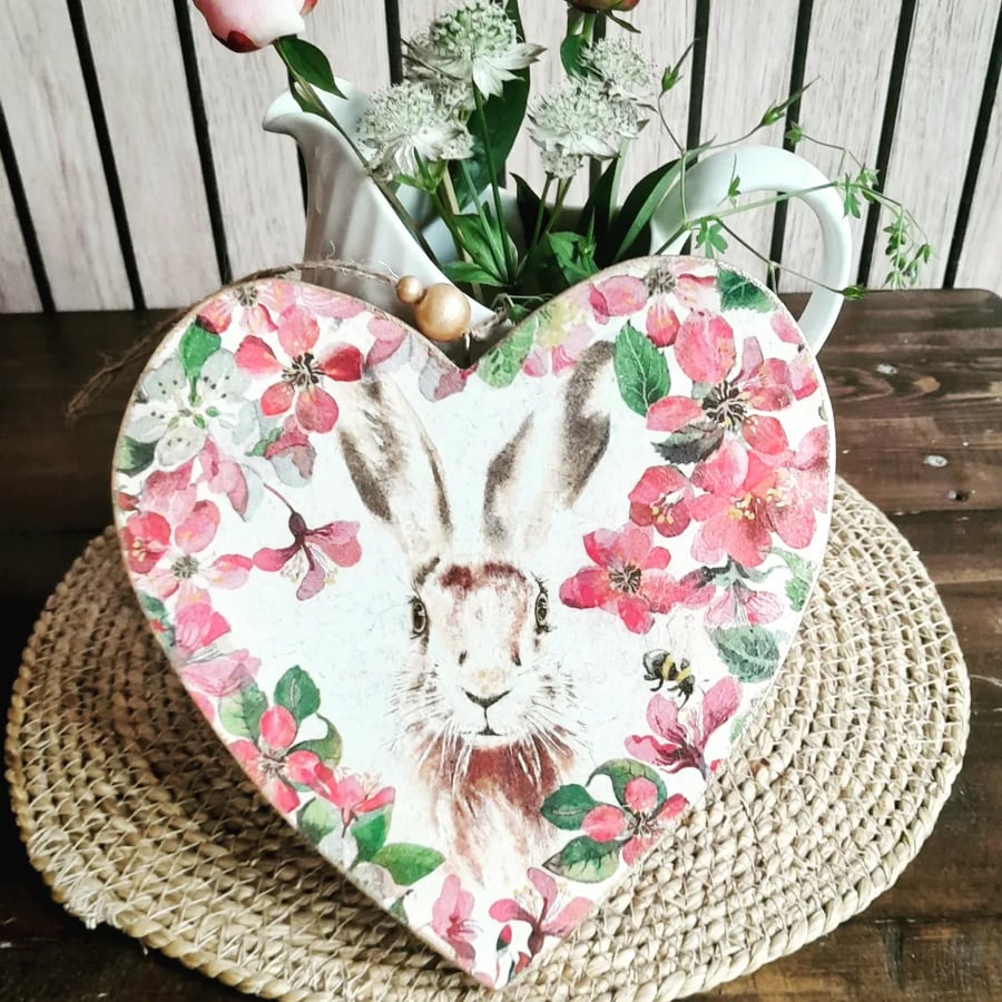 Handmade Wooden Hanging Heart Spring Hare