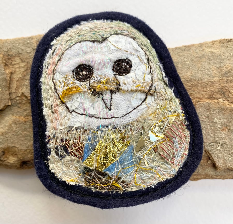 Upcycled barn owl brooch pin or badge.