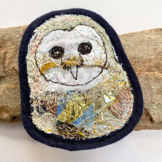Upcycled barn owl brooch pin or badge.