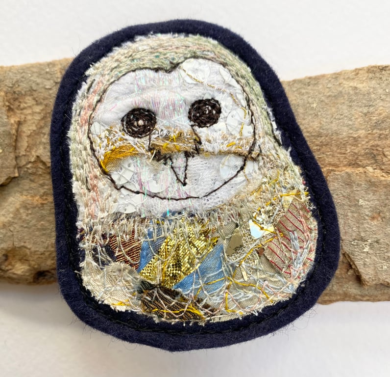 Upcycled barn owl brooch pin or badge.
