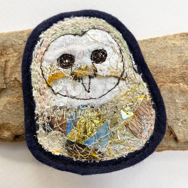 Upcycled barn owl brooch pin or badge.