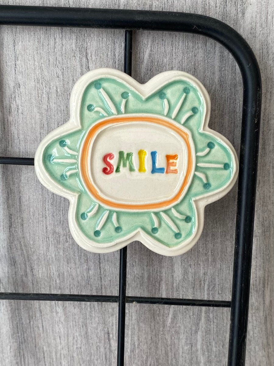 Large Smile pottery magnet turquoise