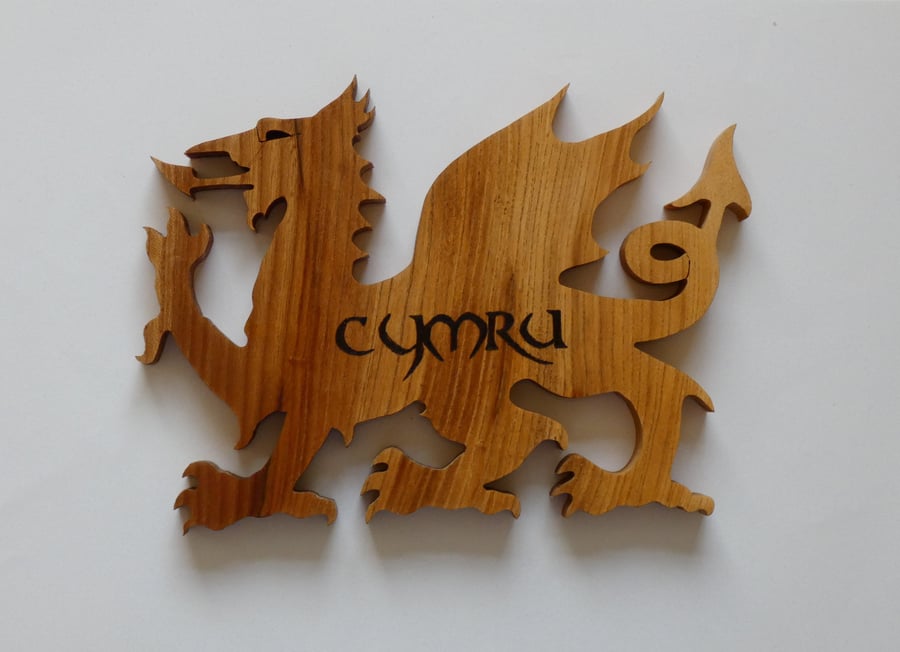 Unique Wooden Welsh Dragon Ornament with Cymru in Pyrography