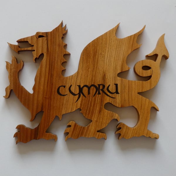 Unique Wooden Welsh Dragon Ornament with Cymru in Pyrography