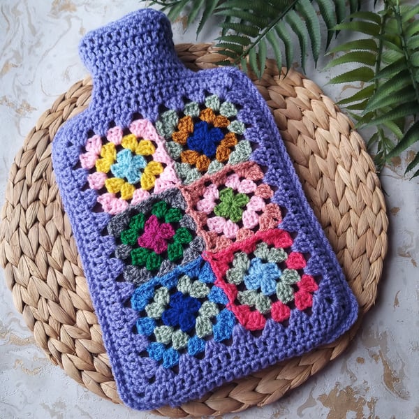  Seconds Sunday Crochet 'Happy Scrappy'  Hot Water Bottle Cover Purple