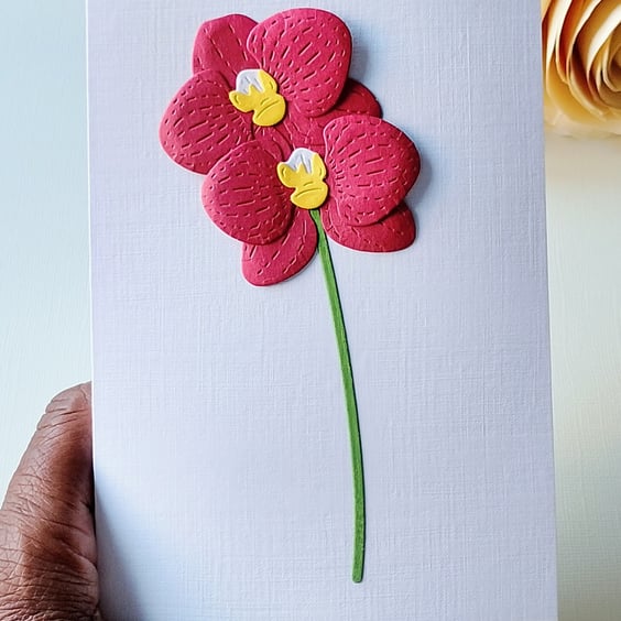 Claret Paper Orchids - Flower Shop Moments, Blank Handmade Floral Card 