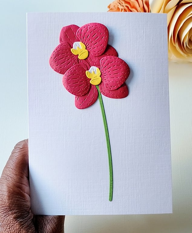 Claret Paper Orchids - Flower Shop Moments, Blank Handmade Floral Card 