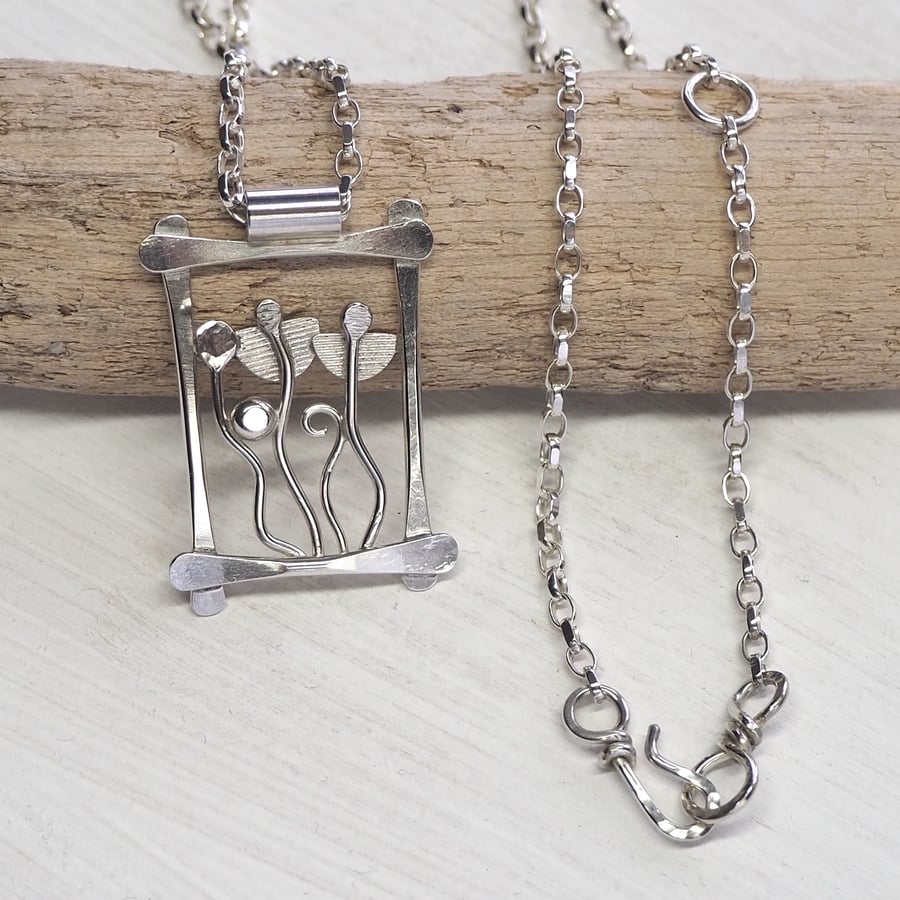 Framed silver flower pendant, hallmarked sterling silver, summer meadow