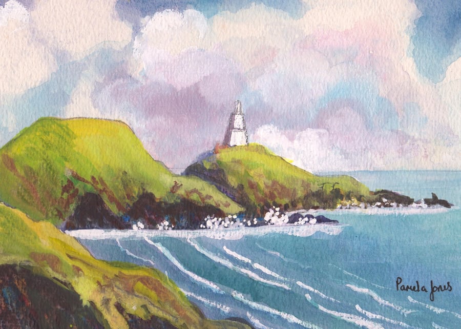 Mumbles Lighthouse, Bracelet Bay, Wales, Original Watercolour in 10 x 8 '' Mount