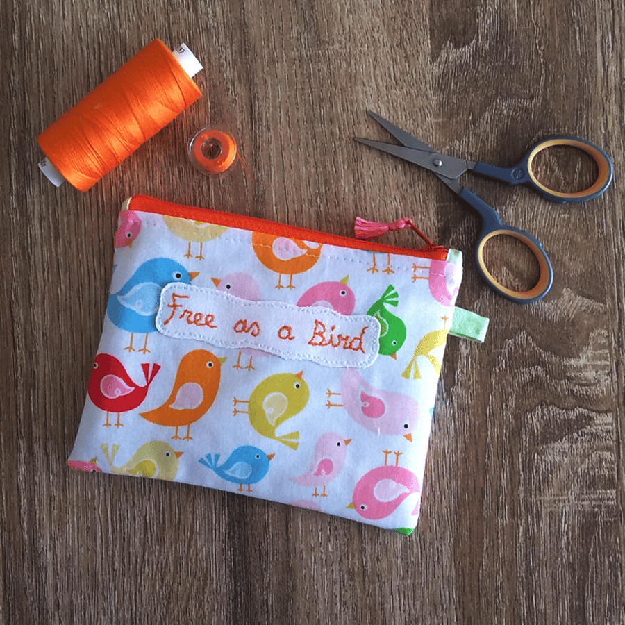 Free as a Bird, small, zipped pouch, multicoloured birds, POSTAGE INCLUDED