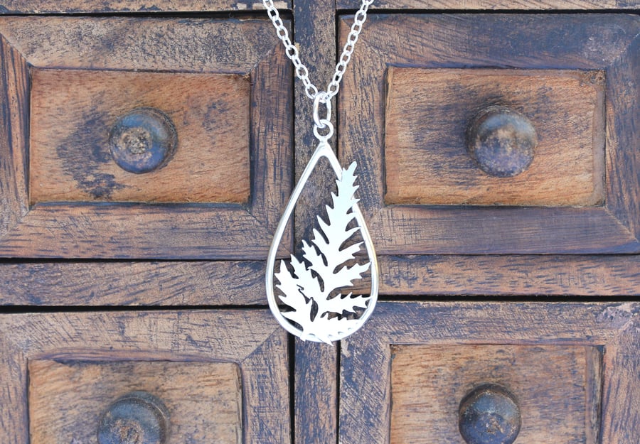 Silver Teardrop Fern Necklace - Handmade Forest Fern Necklace