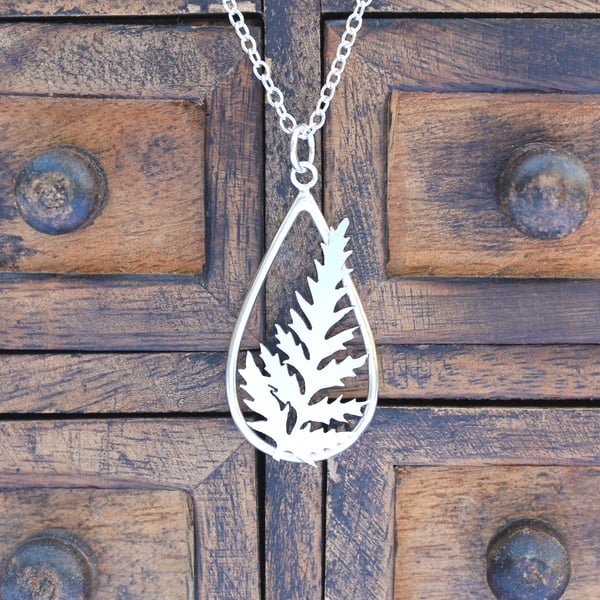 Silver Teardrop Fern Necklace - Handmade Forest Fern Necklace