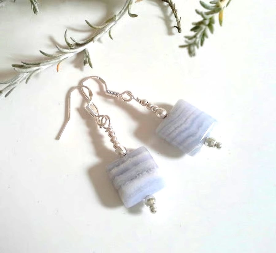 Dainty Blue Lace Agate Sterling Silver Earrings 