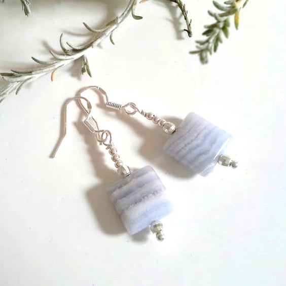 Dainty Blue Lace Agate Sterling Silver Earrings 