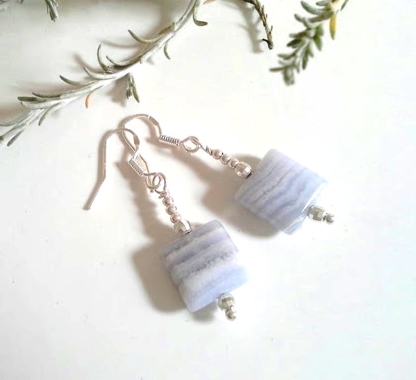 Dainty Blue Lace Agate Sterling Silver Earrings 