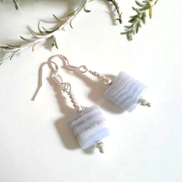 Dainty Blue Lace Agate Sterling Silver Earrings 