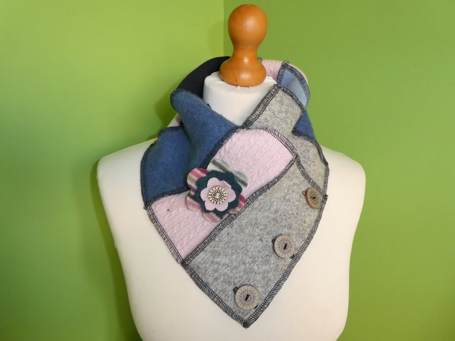 Neck Warmer Scarf with 3 button Trim. Upcycled Cowl. Felt Flower .No 5