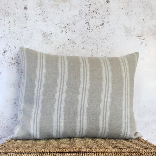Beige Washed French Linen, Lumbar Cushion Cover, with Off White Stripes