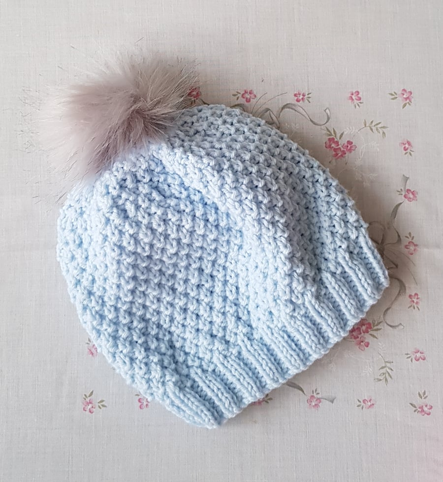 Pastel Aran Pompom hat, hand-knitted