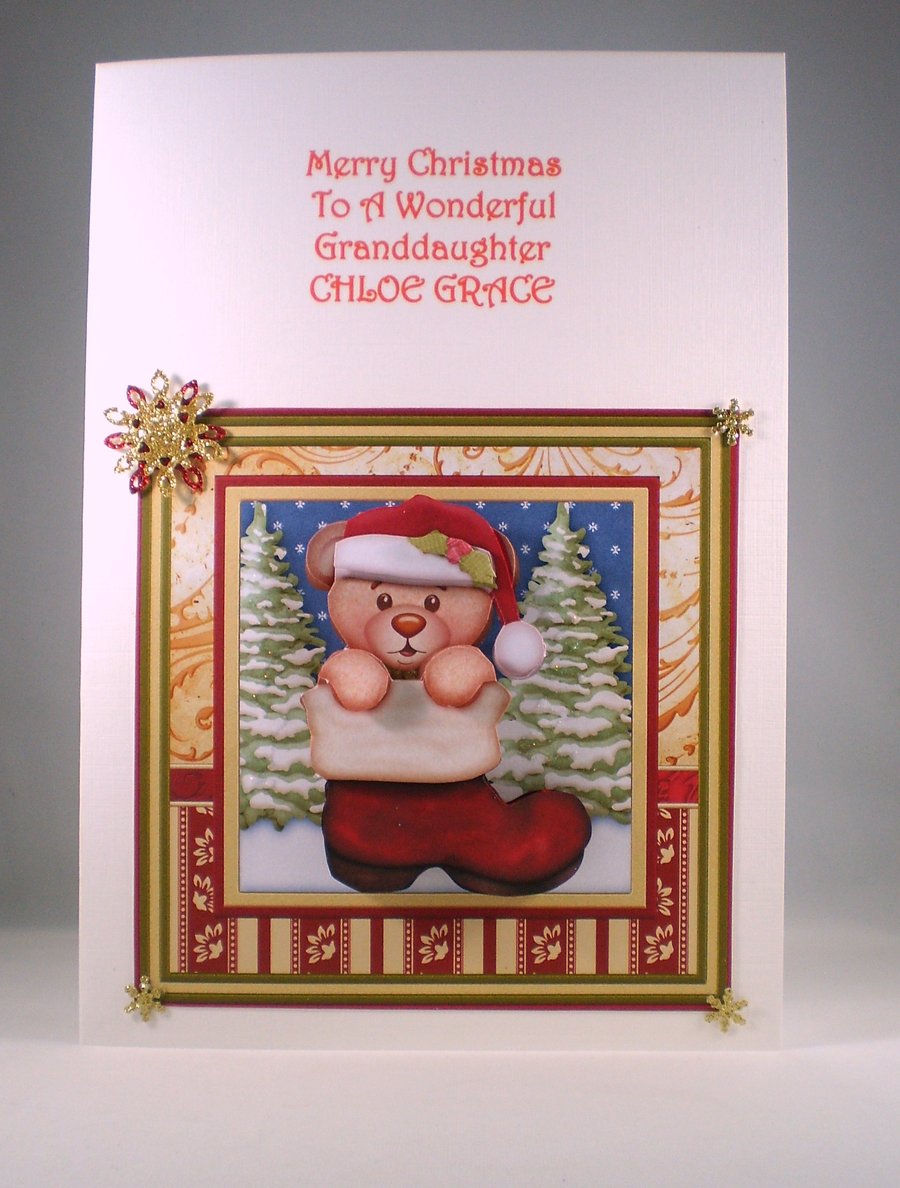 Cute Teddy Christmas Card, Handmade, Decoupage, 3D, Personalise