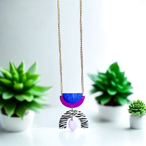 Bold Geometric Statement Necklace, Zebra Print Pendant, Purple Blue Polymer Clay