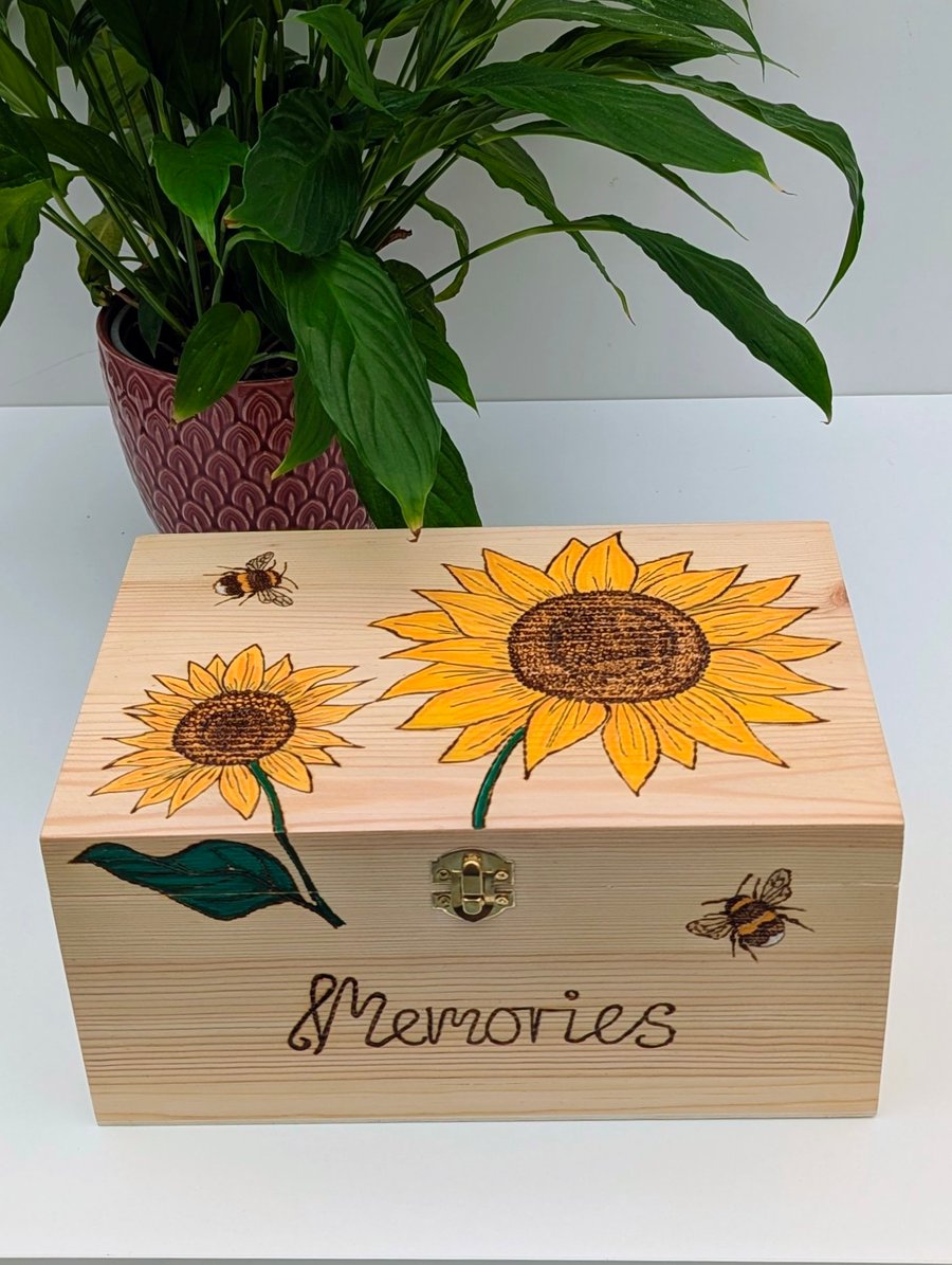 Sunflowers wooden memory box,  keepsake box, pyrography decorative storage 