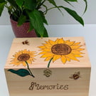 Sunflowers wooden memory box,  keepsake box, pyrography decorative storage 