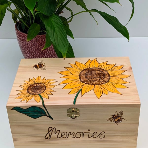 Sunflowers wooden memory box,  keepsake box, pyrography decorative storage 
