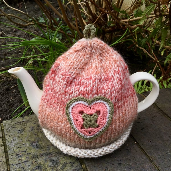 Crochet Heart Tea Cosy, Coral and Green Tea Cozy