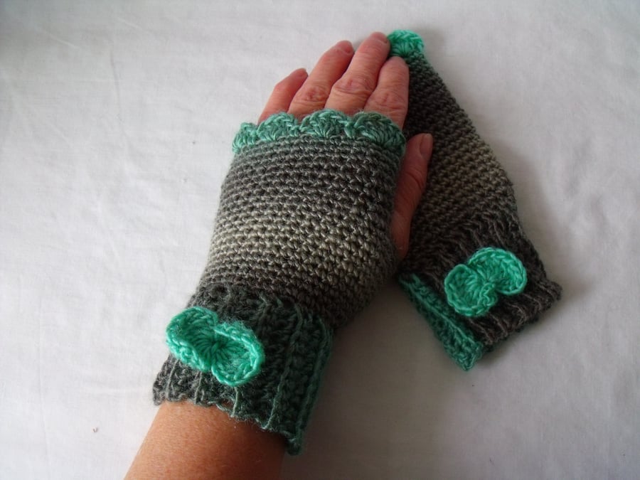 khaki green crocheted fingerless gloves, girls fingerless mittens, small