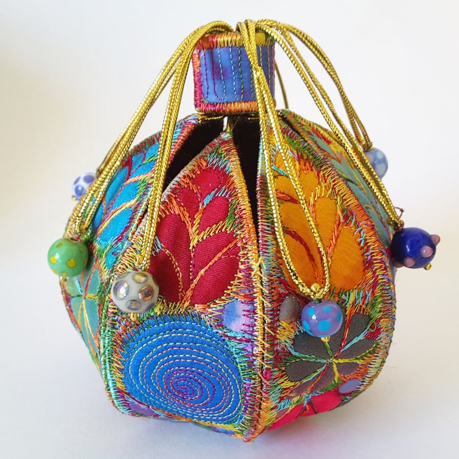 Textile Pod Spherical Treasure Ball Free Machine Embroidery Vibrant Colourful 