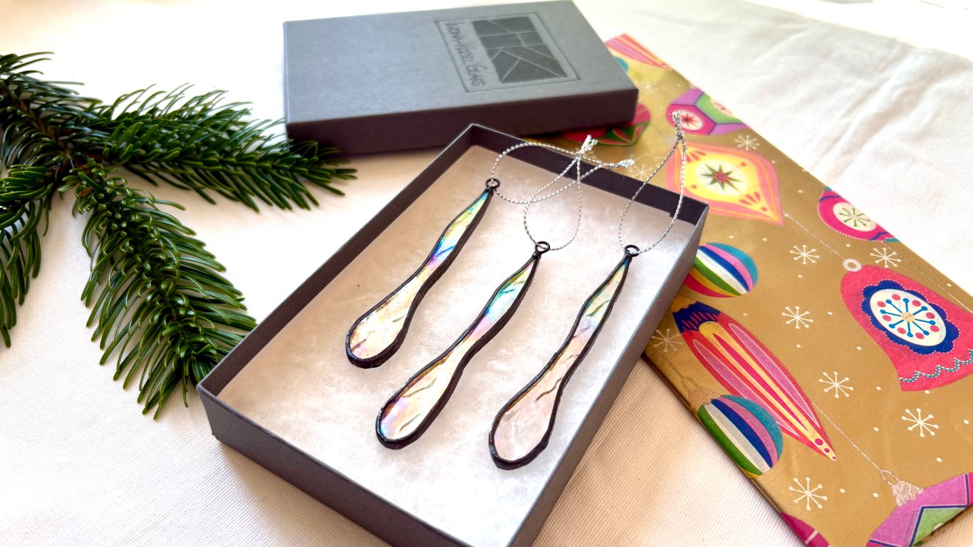 Iridescent stained glass Christmas tree three icicles set, Christmas decor