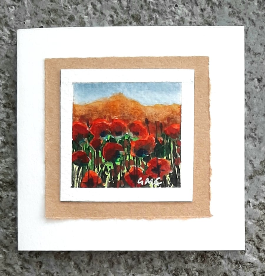 Beautiful Blank Handpainted Card Of Beautiful Red Poppies And Mountains