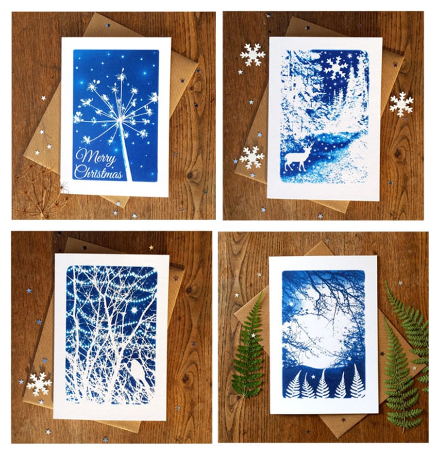 Pack of 4 Christmas cards from Cyanotype images