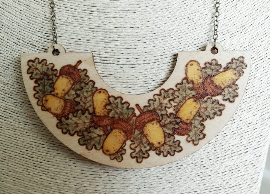 Pyrography wooden oak leaves and acorns pendant