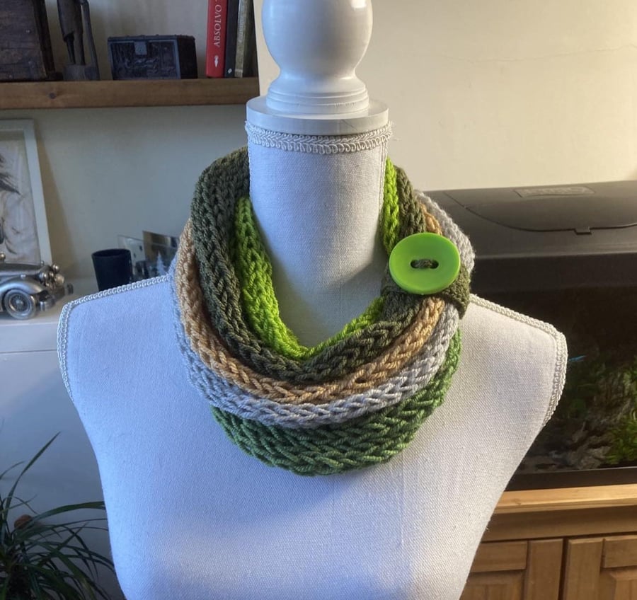 Crochet mesh ringed shawl green-beige hand knit scarf Boho necklace scarfgift fo