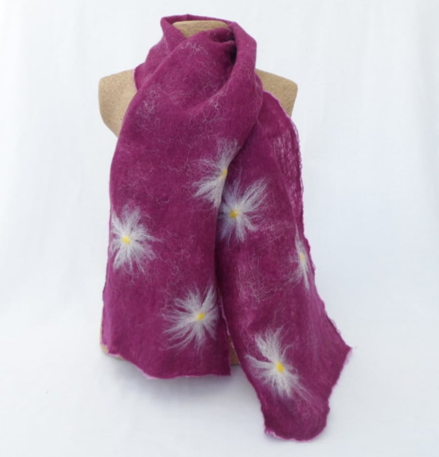 Nuno felted scarf, wool on silk, purple with daisy detail