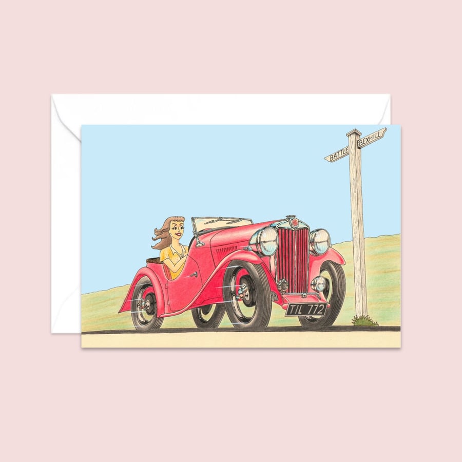 Sports Car Greetings Card: Pencil Illustration of a Classic British Design (322)