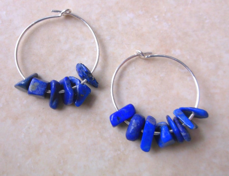 Sterling Silver Hoop Earrings with Lapis Lazuli Chips