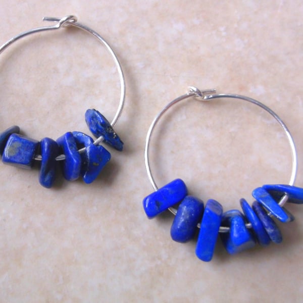 Sterling Silver Hoop Earrings with Lapis Lazuli Chips