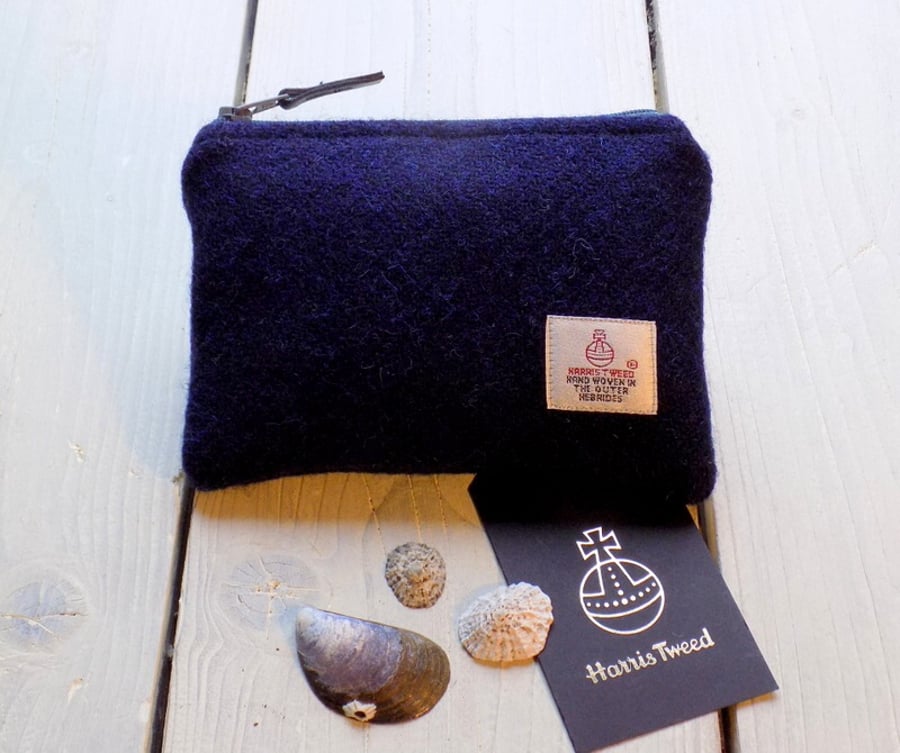 Harris Tweed large coin purse, gadget pouch in navy blue