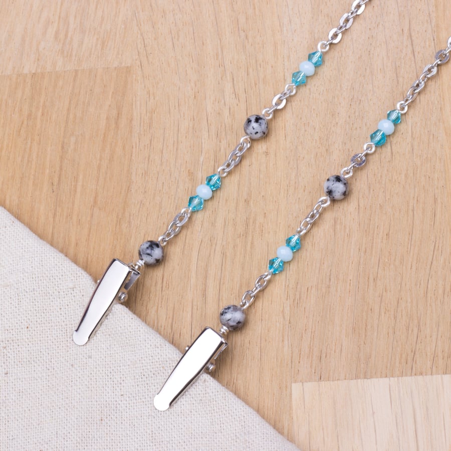 Napkin Clips - Sesame Jasper and blue bead neck chain napkin holder