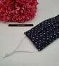 Face mask, small, nose wire,3 layer,  adjustable, washable in navy polkadot   - Image 3
