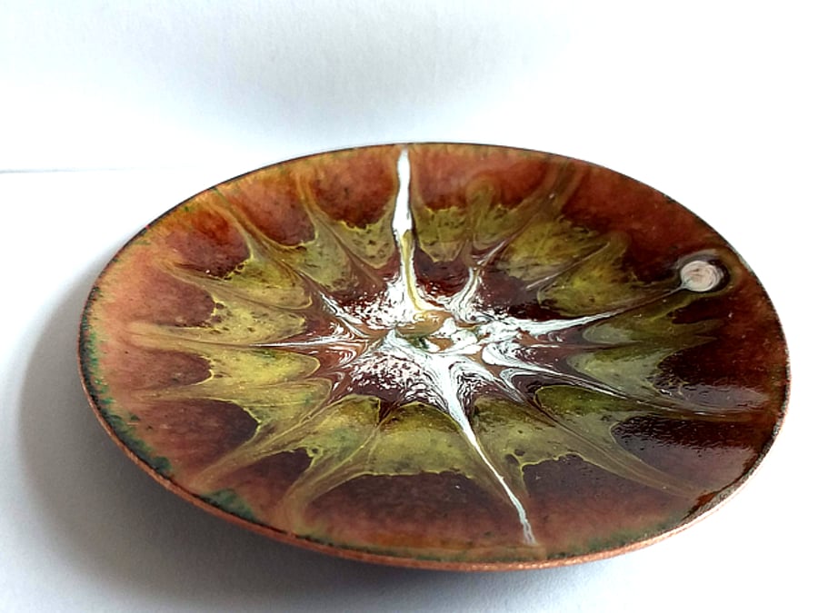 gold and white scrolled on chocolate brown - enamel dish