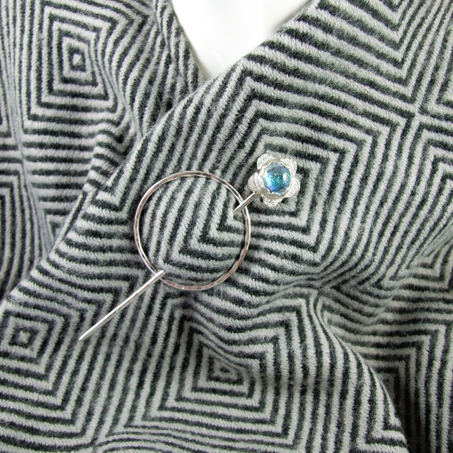 Shawl Pin, Sterling Silver Flower with White Shimmer Dichroic Glass
