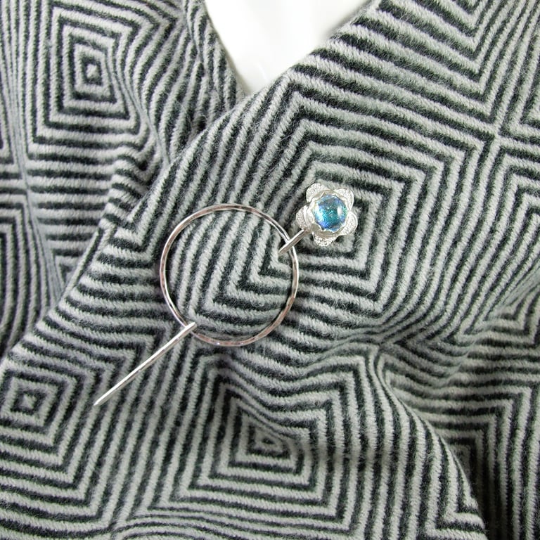 Shawl Pin, Sterling Silver Flower with White Shimmer Dichroic Glass