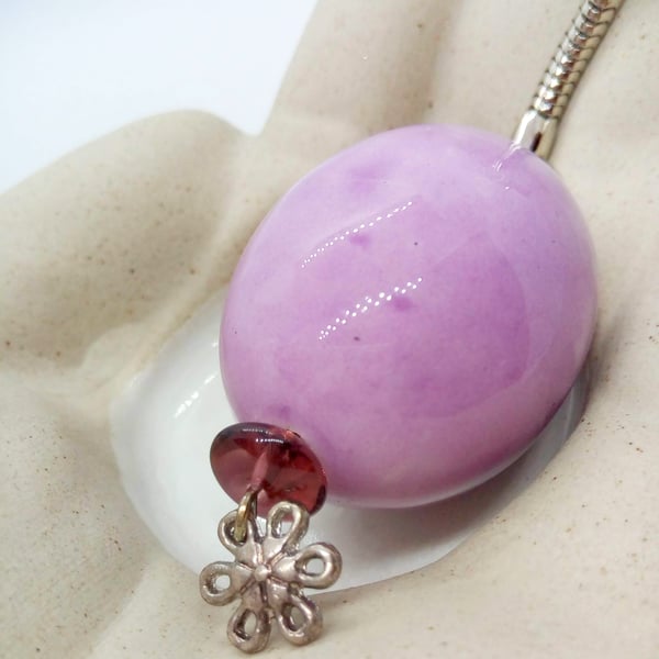 Mottled Purple Puffed Oval Ceramic Keyring with Saucer Bead and Flower Charm